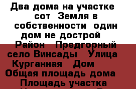 Два дома на участке 6 сот. Земля в собственности, один дом не дострой. › Район ­ Предгорный село Винсады › Улица ­ Курганная › Дом ­ 30 › Общая площадь дома ­ 90 › Площадь участка ­ 6 › Цена ­ 4 300 000 - Все города Недвижимость » Дома, коттеджи, дачи продажа   . Адыгея респ.,Адыгейск г.